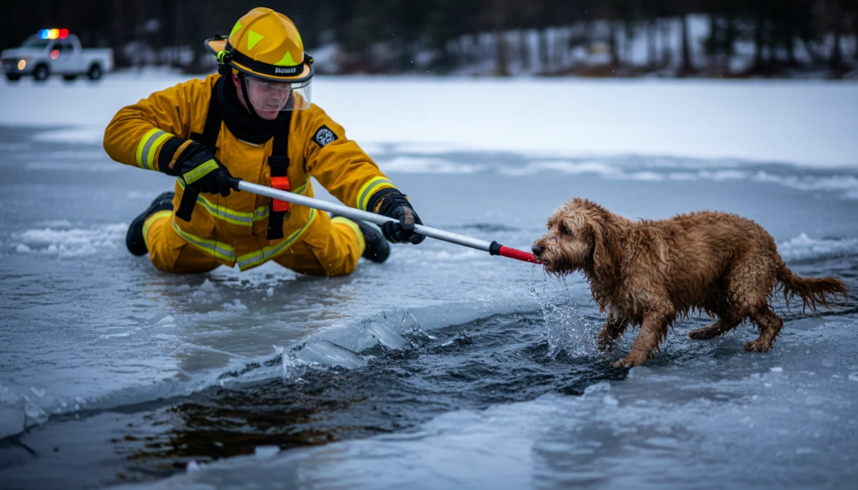 Firefighters Launch Heroic Double Rescue to Save Man and His Dog Trapped in Icy Lake