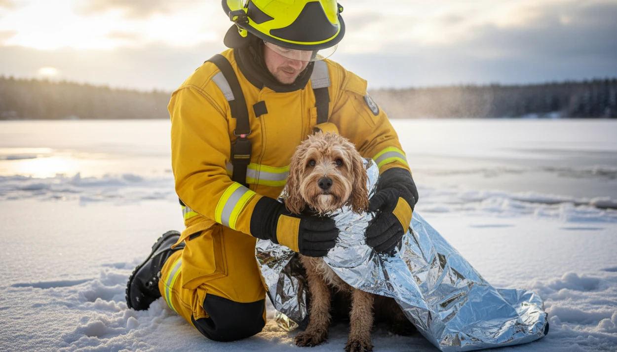 Firefighters Launch Heroic Double Rescue to Save Man and His Dog Trapped in Icy Lake